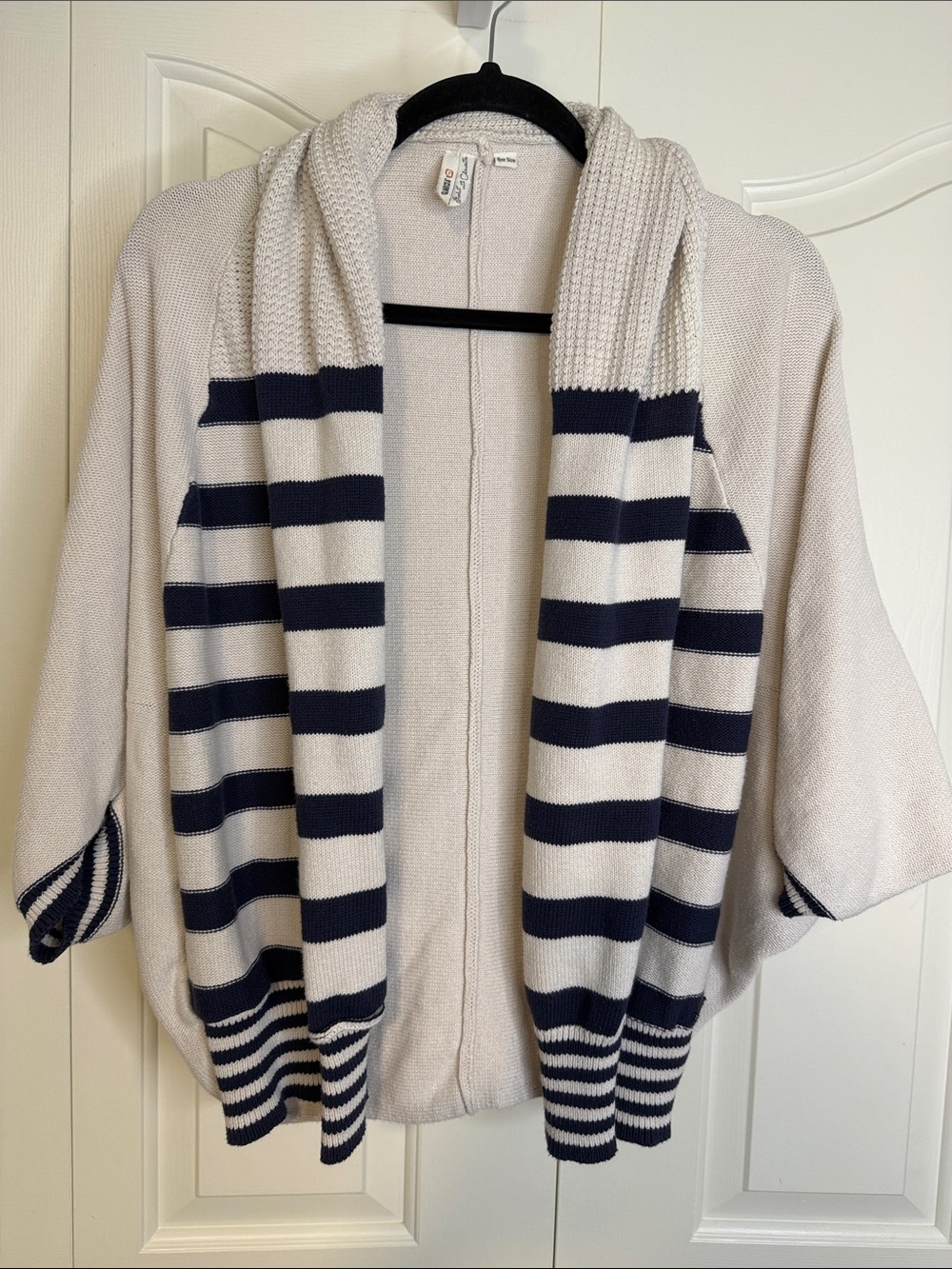 Striped Shawl Cardigan Sweater in Cream and Navy